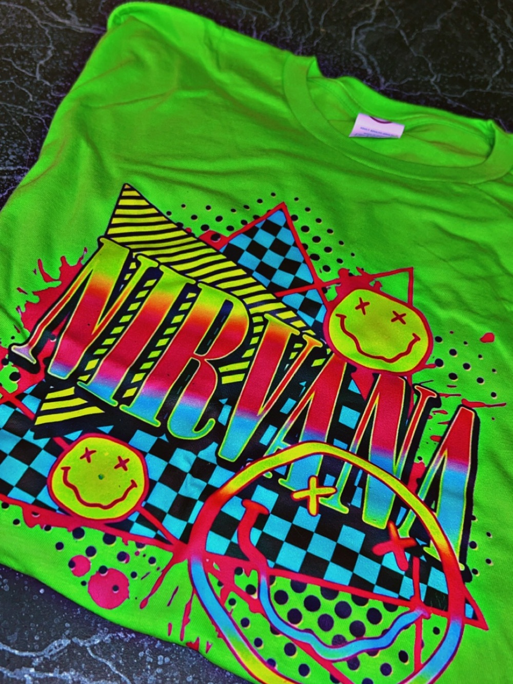 NIRVANA Neon Green Kids Graphic Tee with Multicolor Print